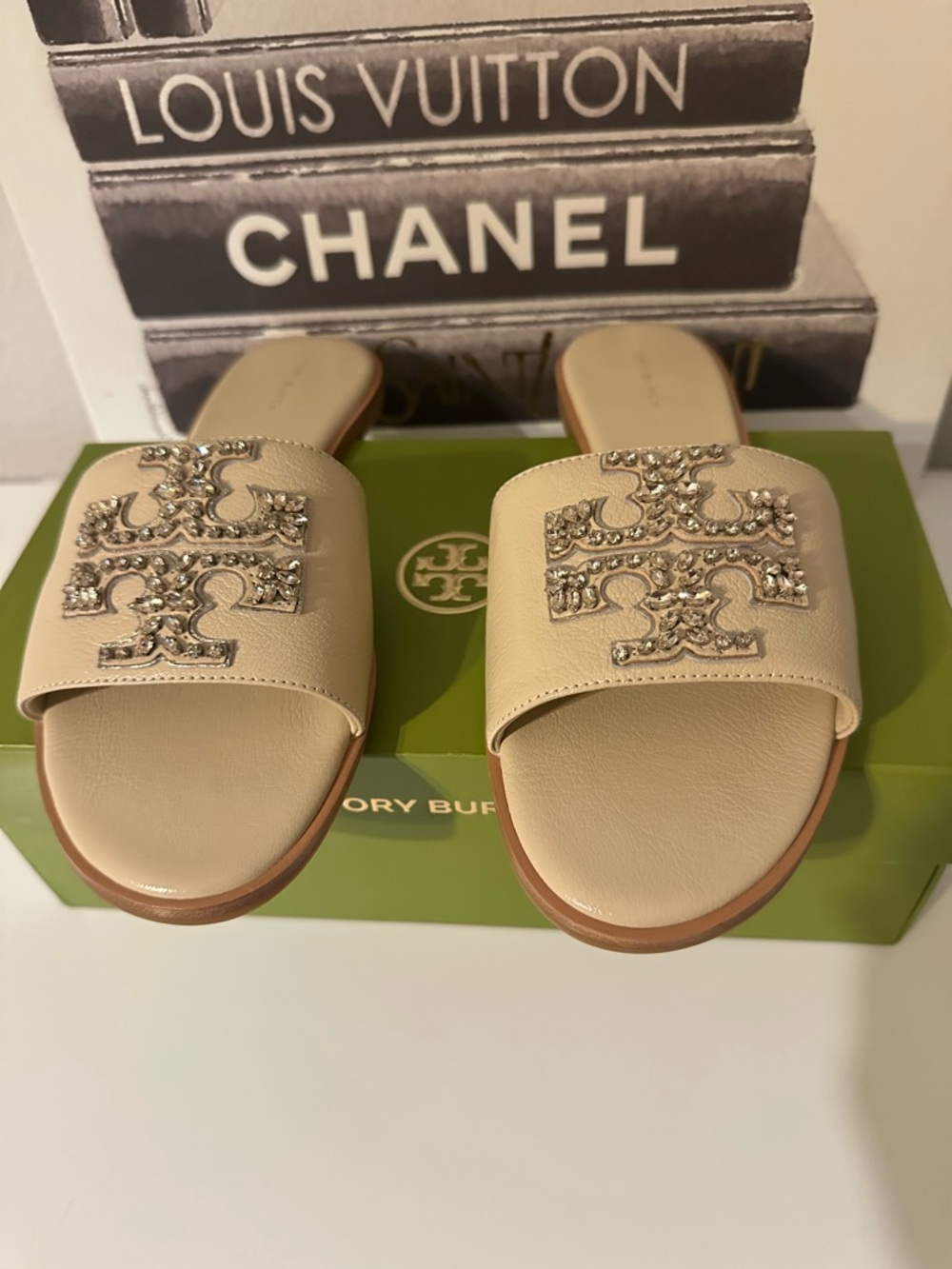 Tory Burch Neutral Crystal-Embellished Leather Slide Sandals